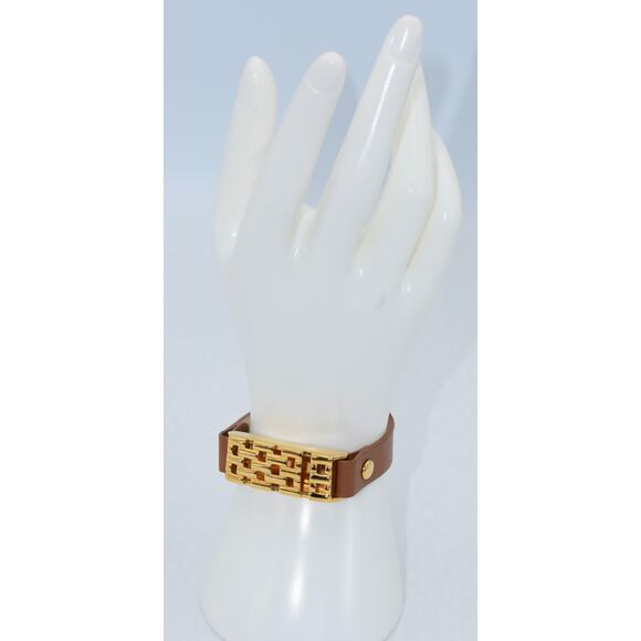 BALENCIAGA Brown Leather Band Gold Tone Locket Box Bracelet - Picture 2 of 9